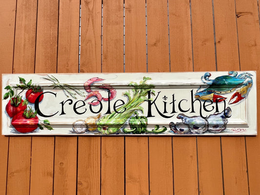 CREOLE KITCHEN PAINTING **  Original art on Salvaged Door** **New Orleans artist Paige DeBell****16” x 64”