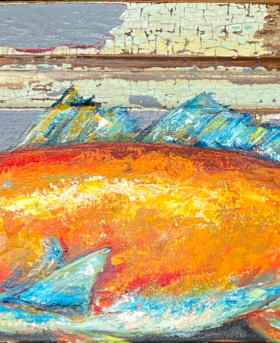 RED FISH PAINTING Original Red Drum Fish Painting by Paige DeBell on Architectural Salvage from New Orleans * Coastal Fine Art Wall Decor*