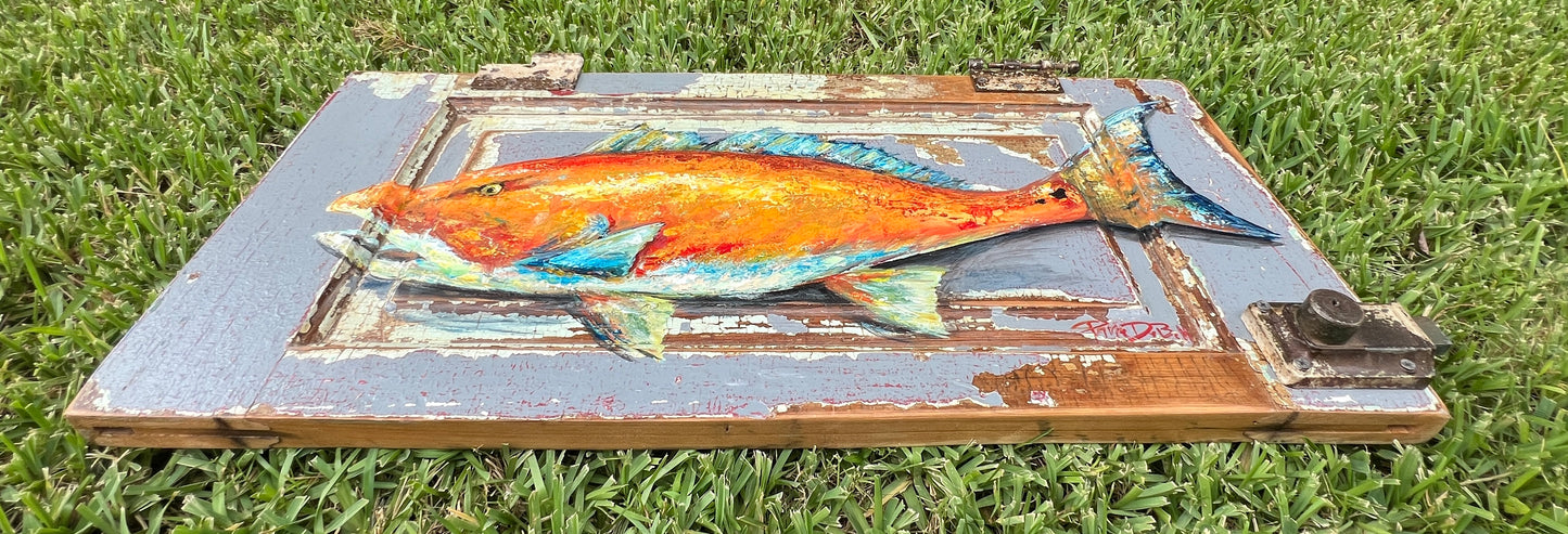 RED FISH PAINTING Original Red Drum Fish Painting by Paige DeBell on Architectural Salvage from New Orleans * Coastal Fine Art Wall Decor*