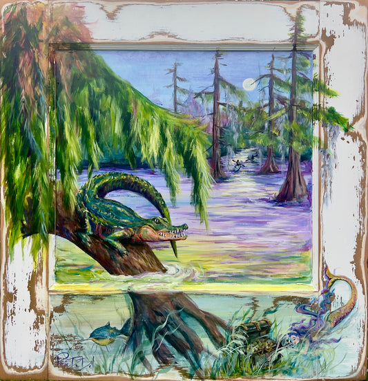 Moonlit Bayou – Original  Painting | Kayakers, Alligator, Mermaid & Pirate Treasure in Louisiana Swamp" on Salvaged Door by Paige DeBell