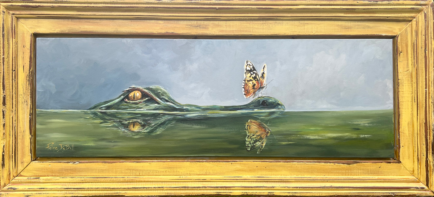 AMBER REFLECTIONS**Original Alligator and Butterfly Painting on architectural salvage from New Orleans artist, Paige DeBell.  20” x 44”
