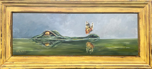 AMBER REFLECTIONS**Original Alligator and Butterfly Painting on architectural salvage from New Orleans artist, Paige DeBell.  20” x 44”