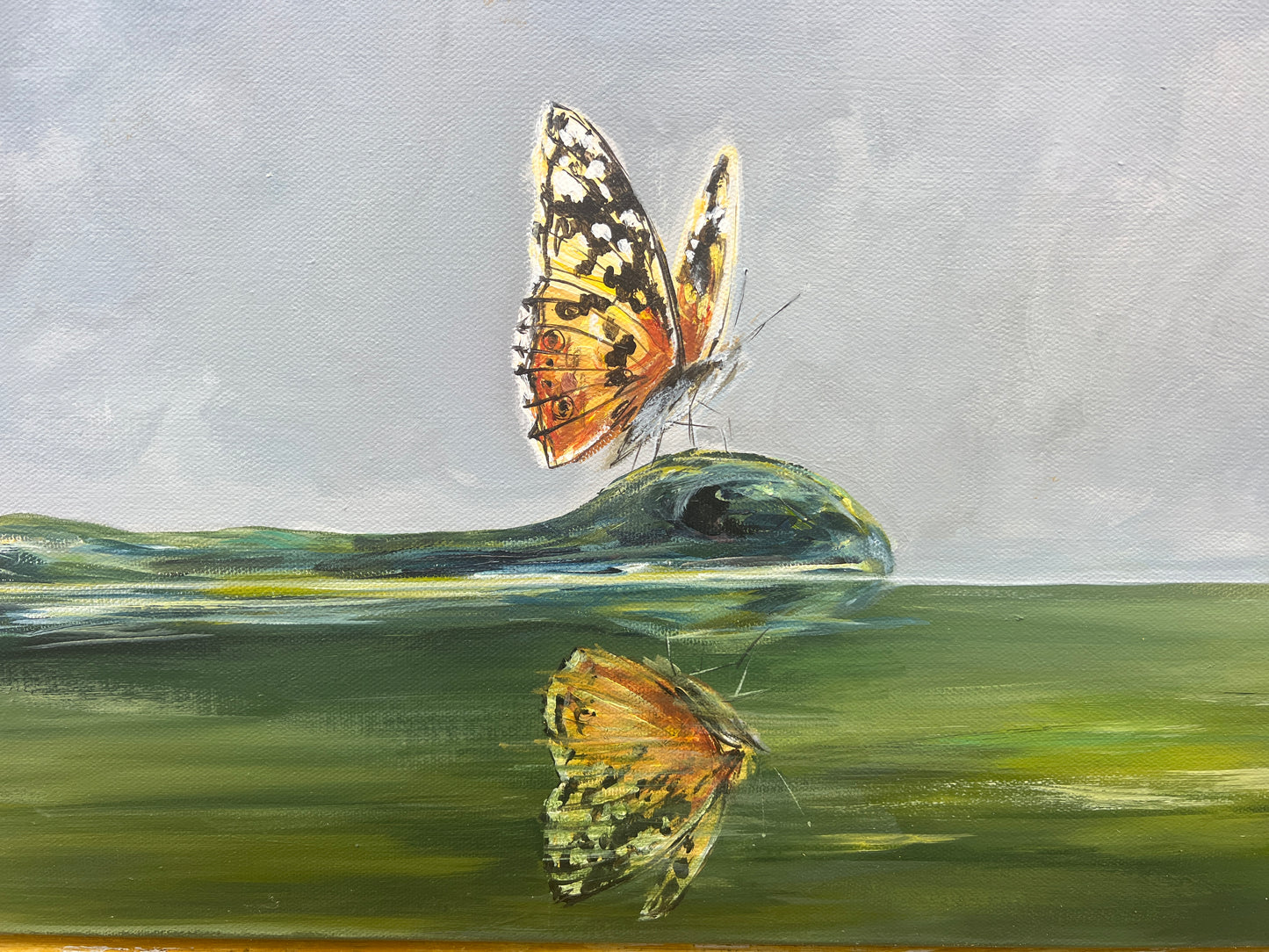 AMBER REFLECTIONS**Original Alligator and Butterfly Painting on architectural salvage from New Orleans artist, Paige DeBell.  20” x 44”