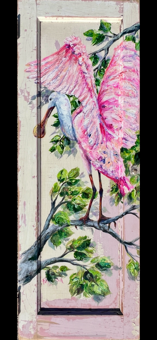 Roseate Spoonbill Painting by New Orleans Artist Paige DeBell – Original Coastal Bird Art on Salvaged Door – Pink Coastal Wall Decor