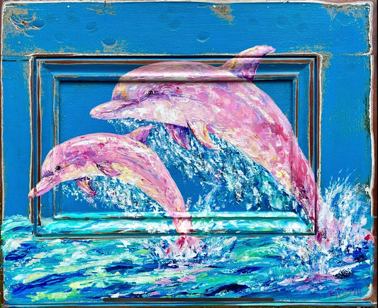 PINK DOLPHIN PAINTING   Pinky and Pinkette the real pink dolphins in the Mississippi River. New Orleans artist, Paige DeBell 24”x29”
