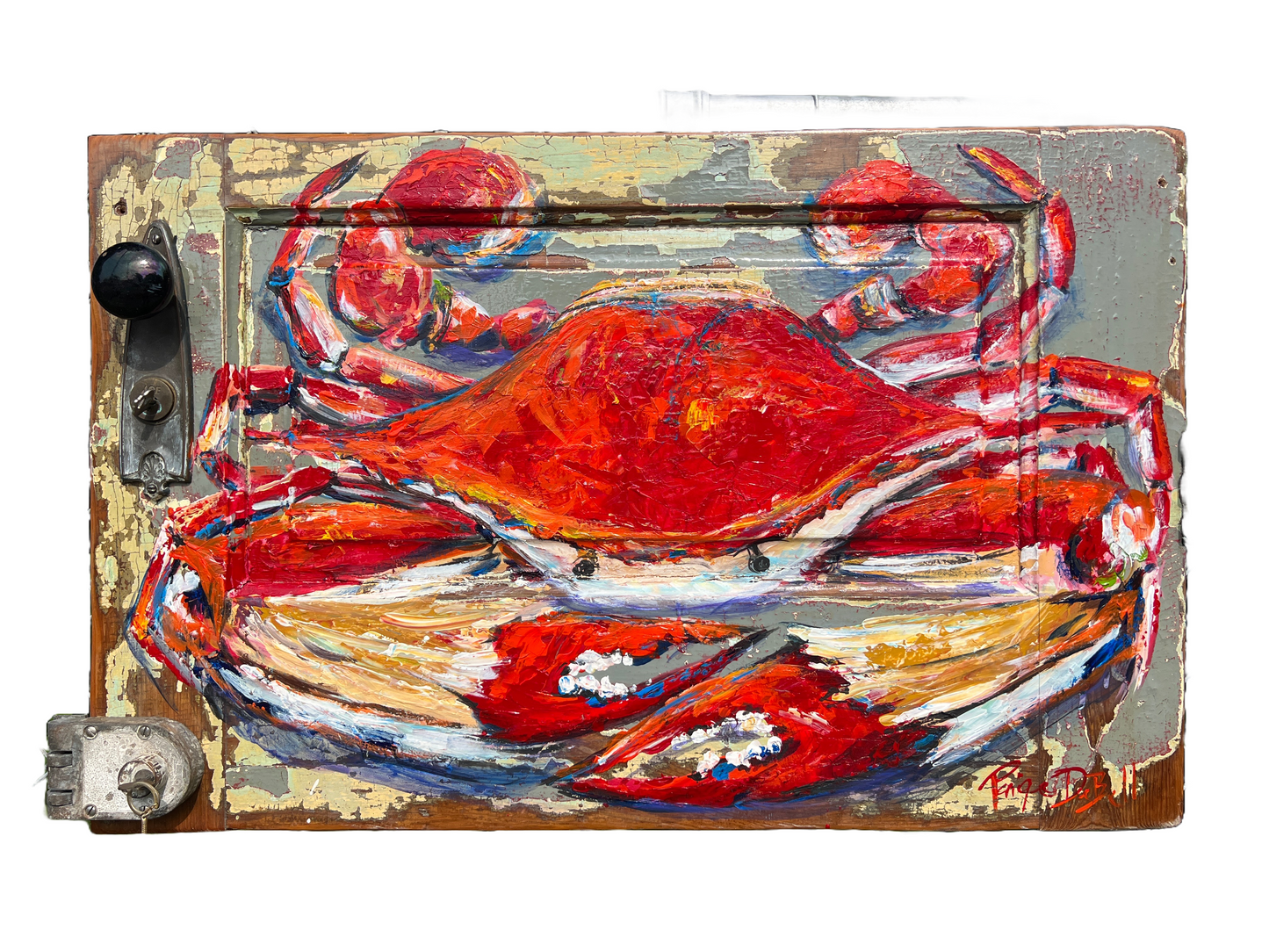 RED CRAB PAINTING Original Crab Painting by Paige DeBell on Reclaimed Door from New Orleans 22” x 34” Coastal Wall Fine Art Rustic Nautical