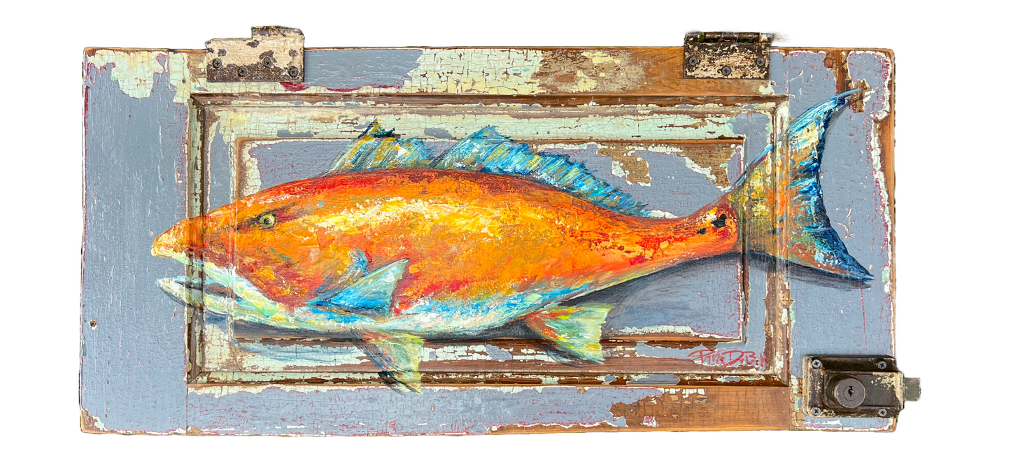 RED FISH PAINTING Original Red Drum Fish Painting by Paige DeBell on Architectural Salvage from New Orleans * Coastal Fine Art Wall Decor*