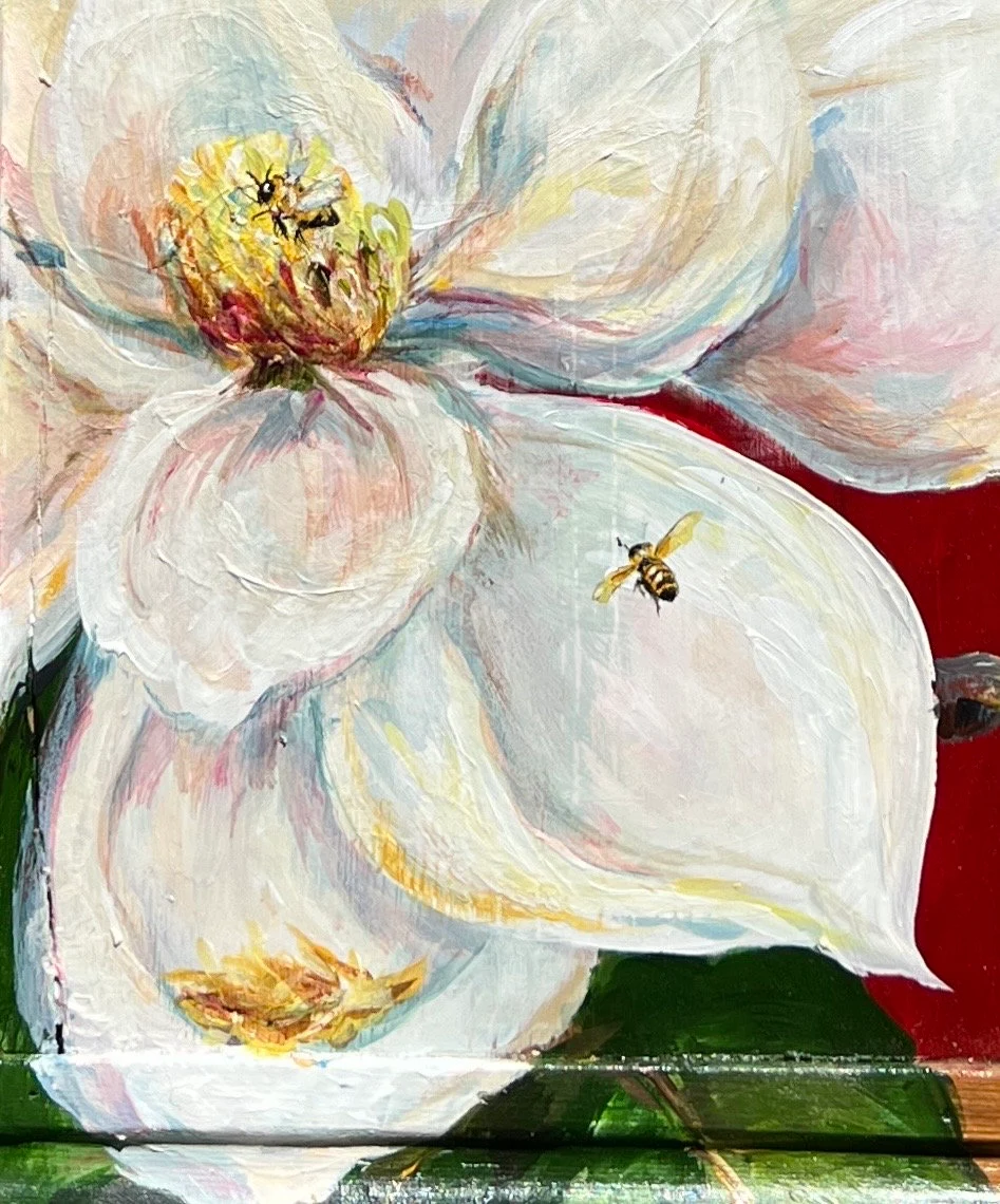 MAGNOLIA and HONEY BEES Original Painting by New Orleans artist, Paige DeBell**Reclaimed Cabinet Door