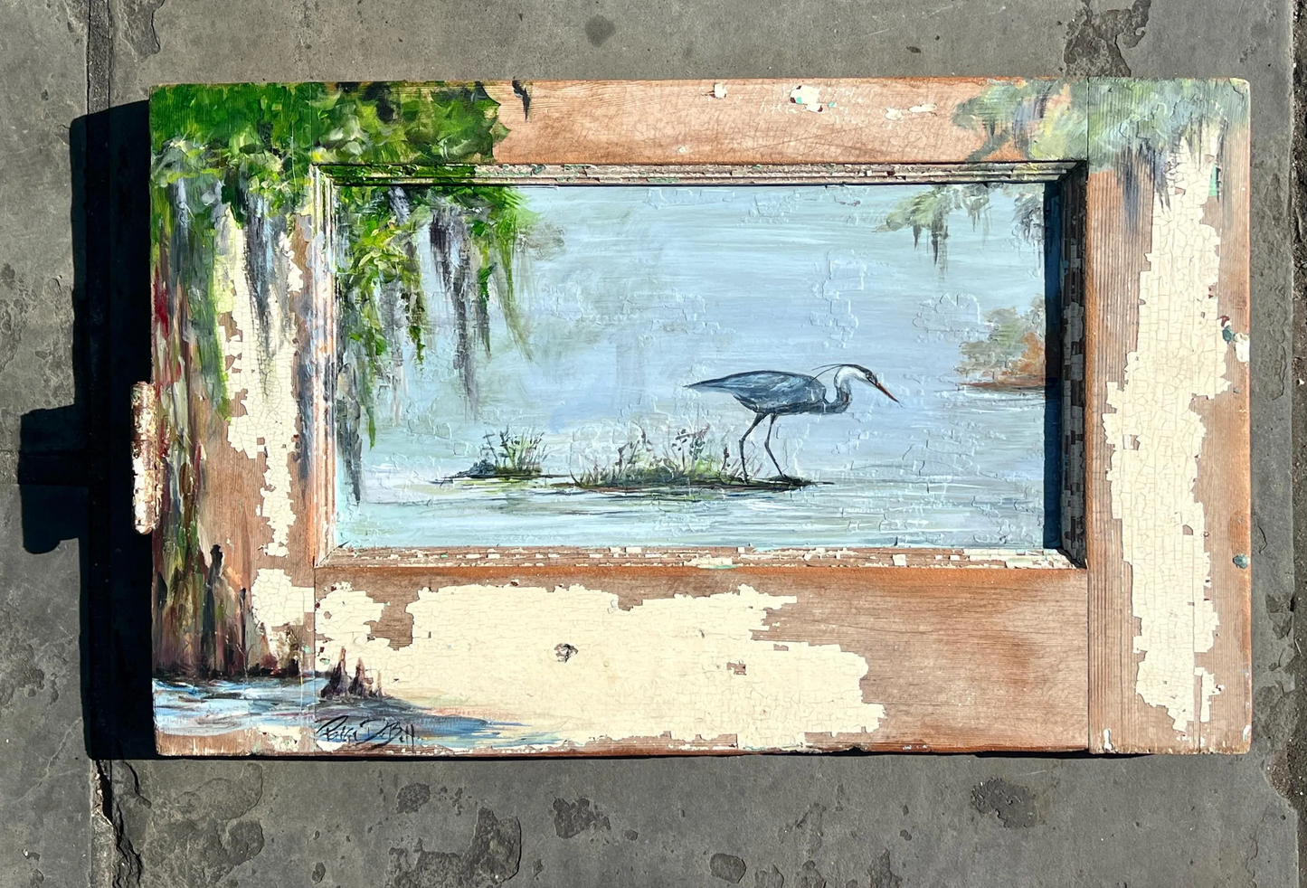 Original BLUE HERON Painting on local salvaged wood door. **The Morning Hunt**New Orleans artist: Paige DeBell  24” x 15”