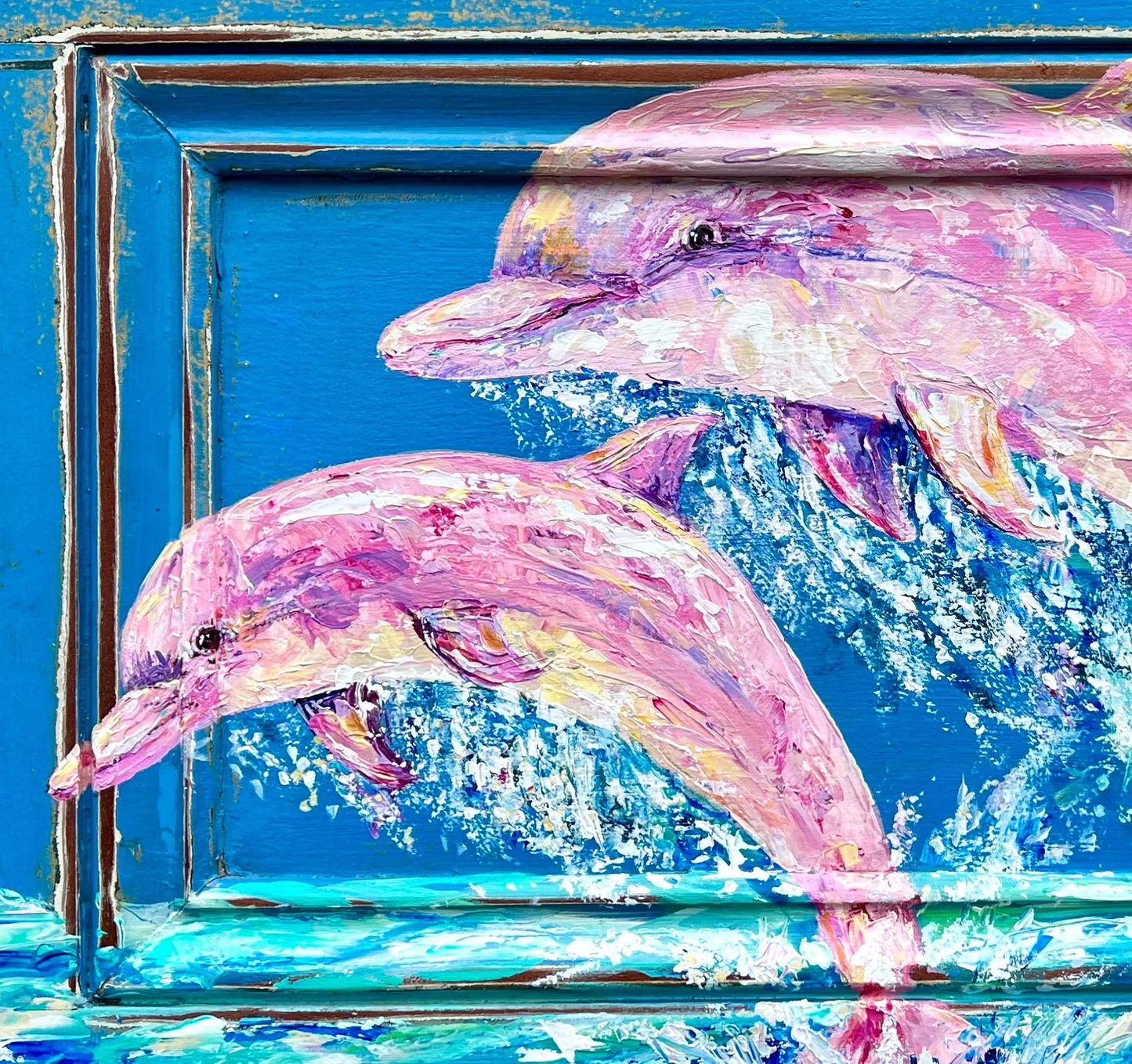 PINK DOLPHIN PAINTING   Pinky and Pinkette the real pink dolphins in Louisiana by New Orleans artist, Paige DeBell  24”x29”