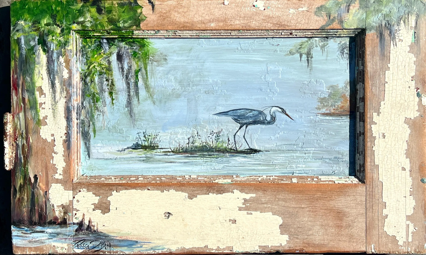 Original BLUE HERON Painting on local salvaged wood door. **The Morning Hunt**New Orleans artist: Paige DeBell  24” x 15”