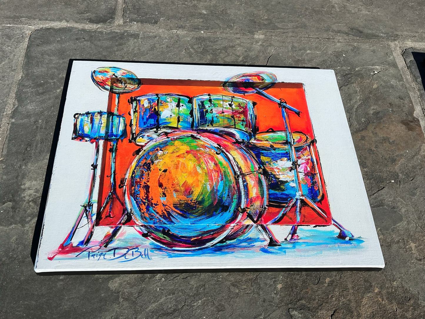 Hot JAZZ DRUM KIT **Gallery Wrapped Giclee 16” x 20” Colorful musical artwork by New Orleans artist, Paige DeBell