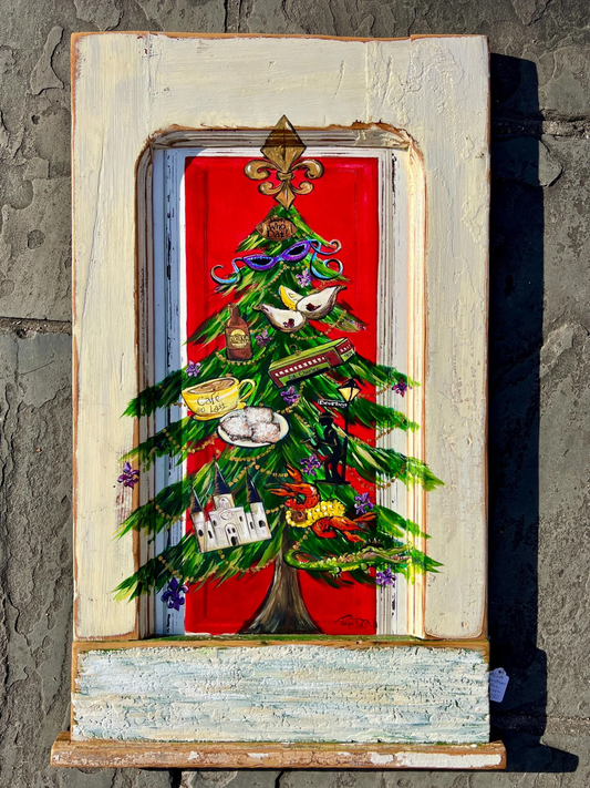 New Orleans PAINTED CHRISTMAS TREE**Decorated with whimsical Nola Ornaments in a Salvaged wood frame** Cajun Christmas artwork 36 x 22