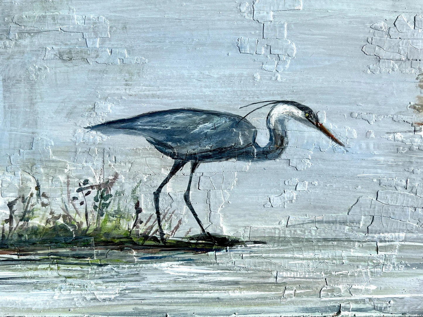 Original BLUE HERON Painting on local salvaged wood door. **The Morning Hunt**New Orleans artist: Paige DeBell  24” x 15”