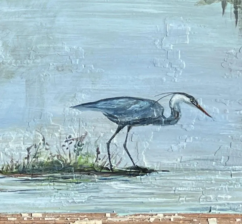 Original BLUE HERON Painting on local salvaged wood door. **The Morning Hunt**New Orleans artist: Paige DeBell  24” x 15”