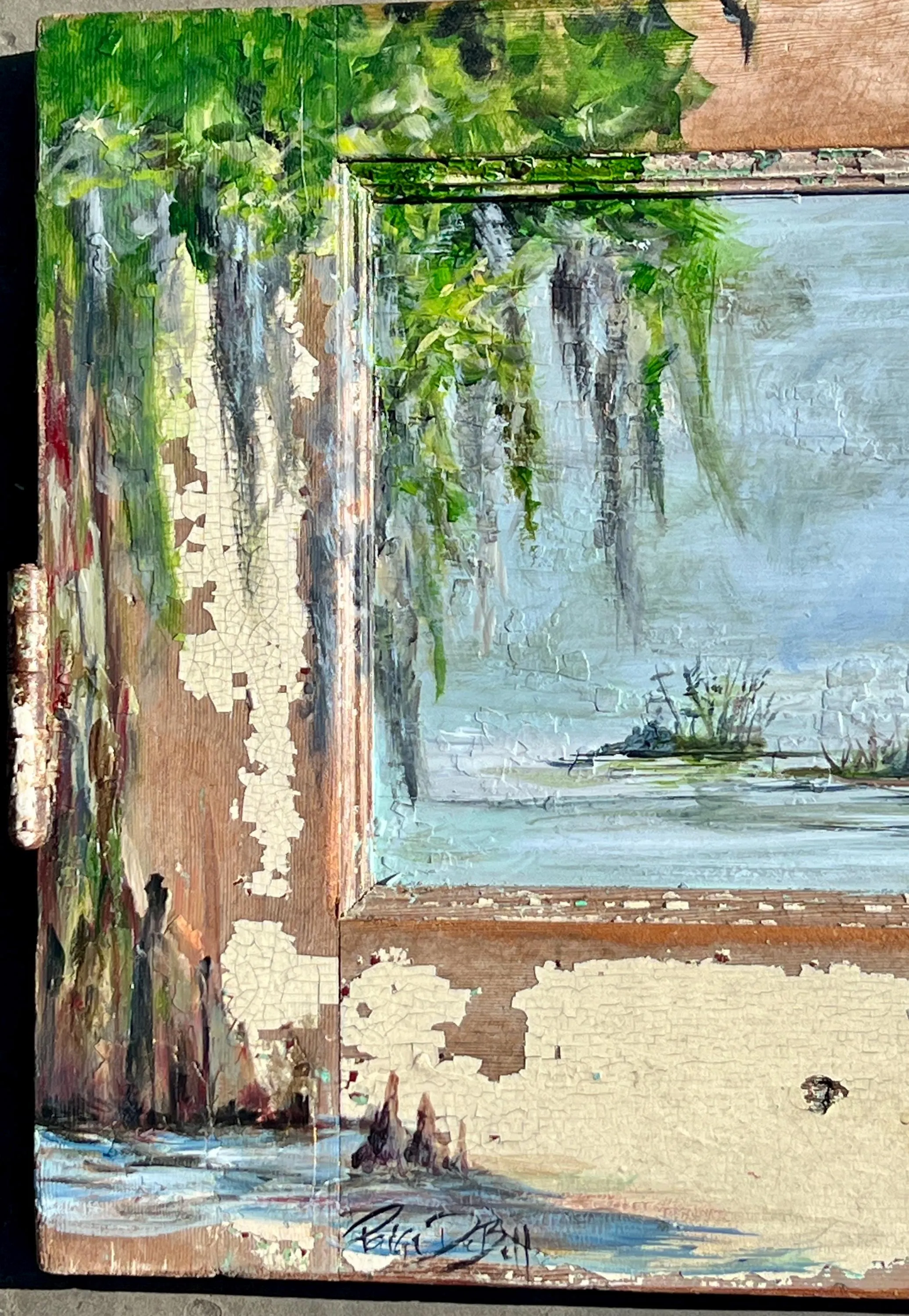 Original BLUE HERON Painting on local salvaged wood door. **The Morning Hunt**New Orleans artist: Paige DeBell  24” x 15”