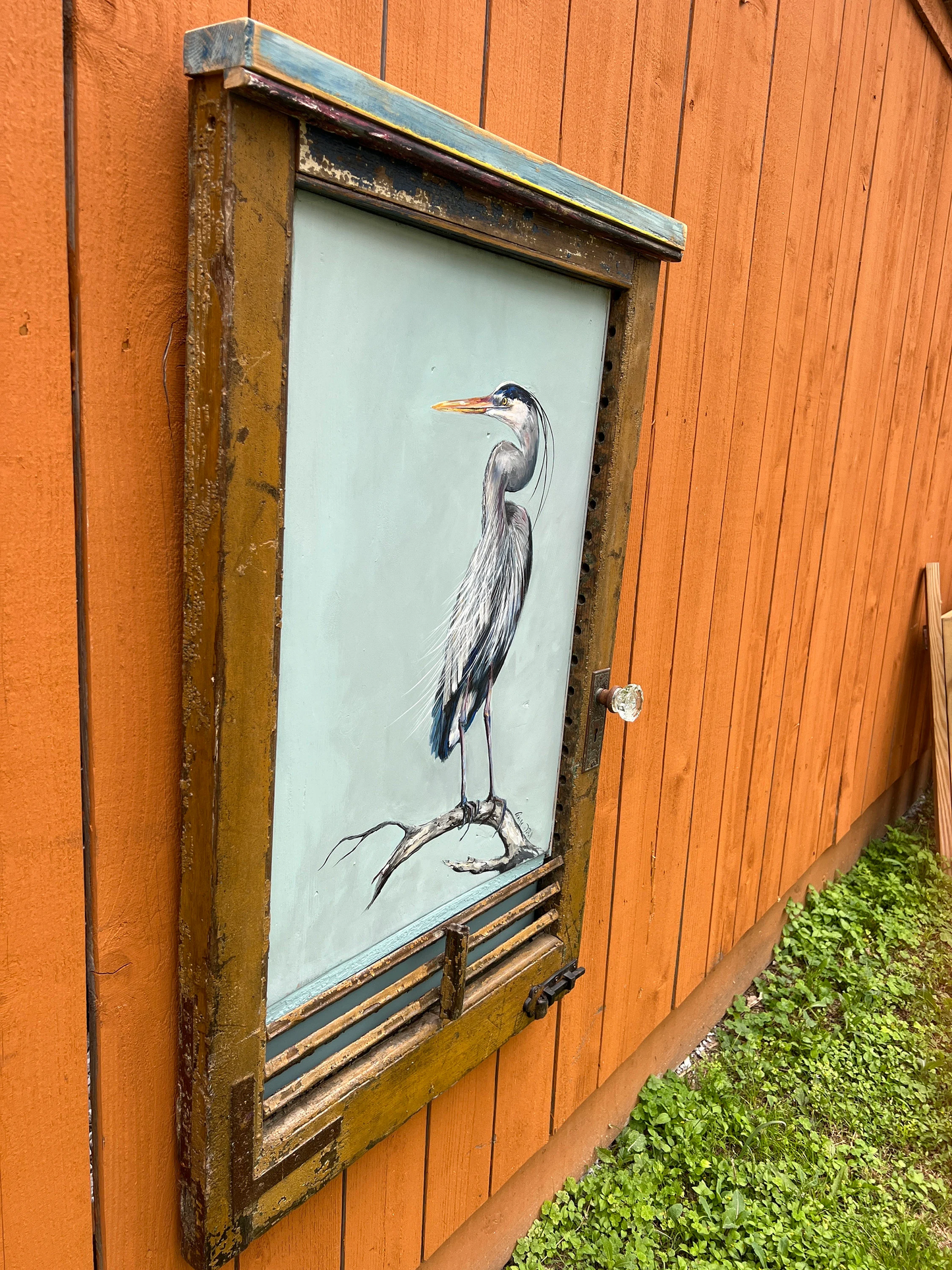 Original BLUE HERON PAINTING on a Reclaimed Antique Shutter from a hurricane damaged home in New Orleans. artist: Paige DeBell