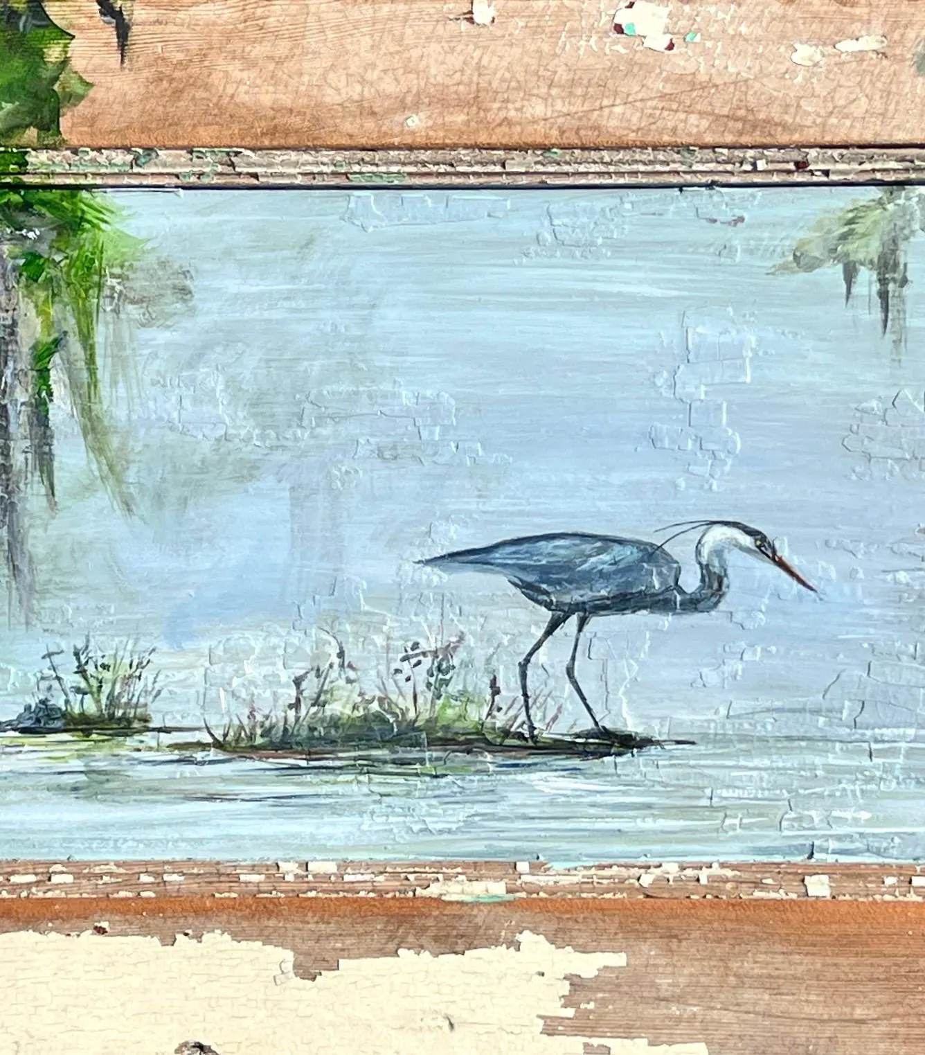 Original BLUE HERON Painting on local salvaged wood door. **The Morning Hunt**New Orleans artist: Paige DeBell  24” x 15”