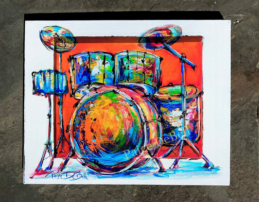 Hot JAZZ DRUM KIT **Gallery Wrapped Giclee 16” x 20” Colorful musical artwork by New Orleans artist, Paige DeBell