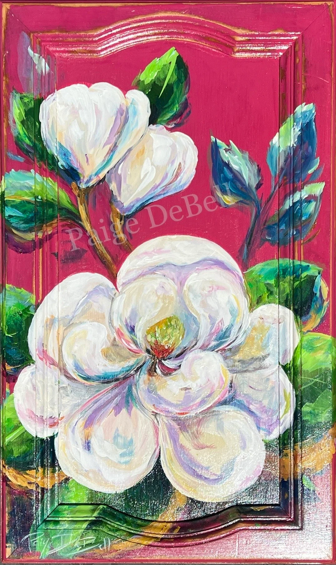 SOUTHERN MAGNOLIA** Original Painting by New Orleans artist, Paige DeBell**Reclaimed Cabinet Door 28 x 16