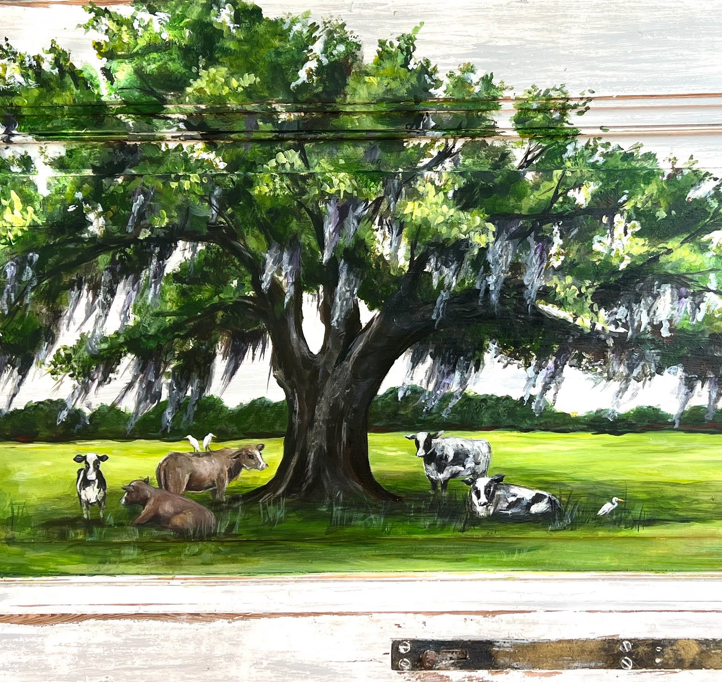 Original LIVE OAK TREE painting “Plant a Tree”  with Cows in the shade. Painted on a Reclaimed Wood Door .  artist: Paige DeBell