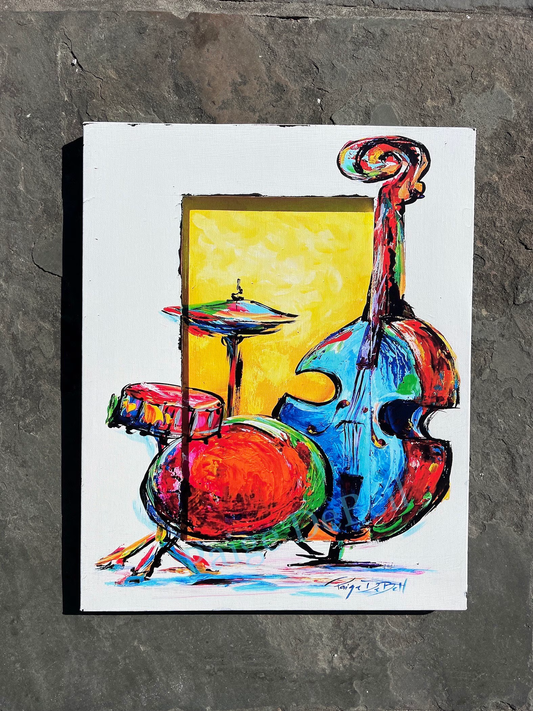 Hot JAZZ BASS & DRUMS **Gallery Wrapped Giclee 40” x30” Colorful musical artwork by New Orleans artist, Paige DeBell