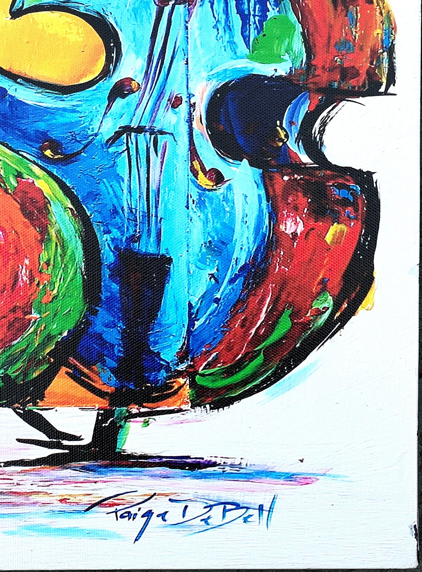 Hot JAZZ BASS & DRUMS **Gallery Wrapped Giclee 40” x30” Colorful musical artwork by New Orleans artist, Paige DeBell