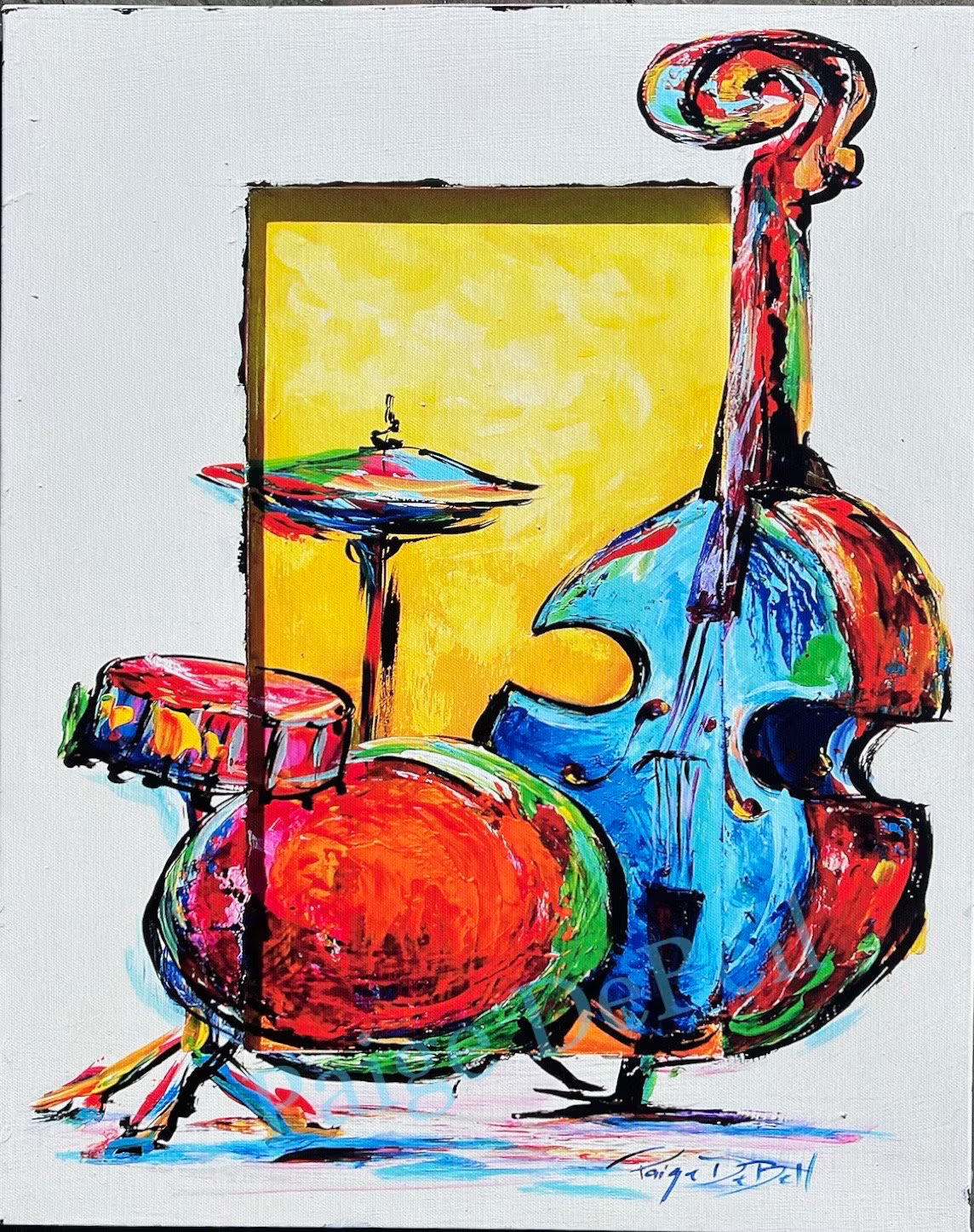 Hot JAZZ BASS & DRUMS **Gallery Wrapped Giclee 40” x30” Colorful musical artwork by New Orleans artist, Paige DeBell