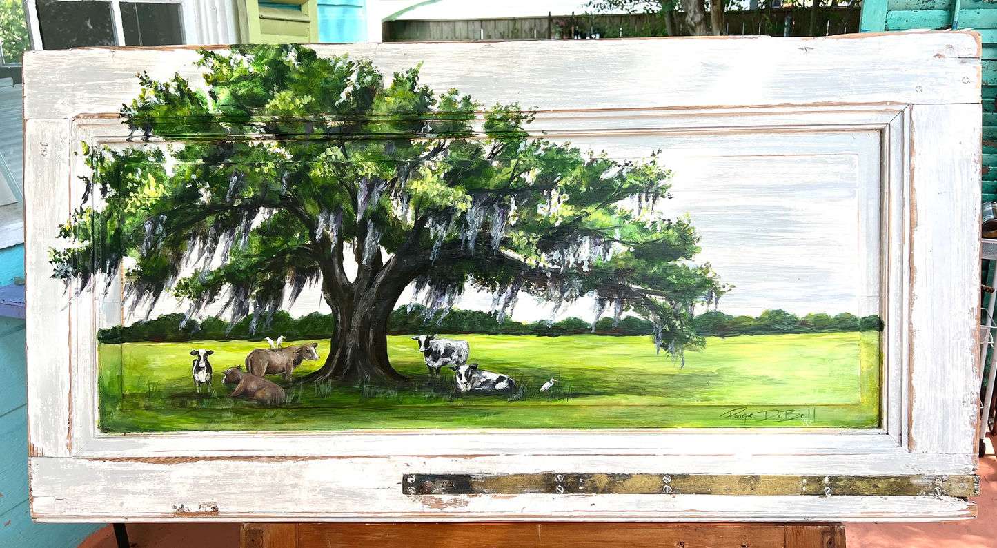 Original LIVE OAK TREE painting “Plant a Tree”  with Cows in the shade. Painted on a Reclaimed Wood Door .  artist: Paige DeBell