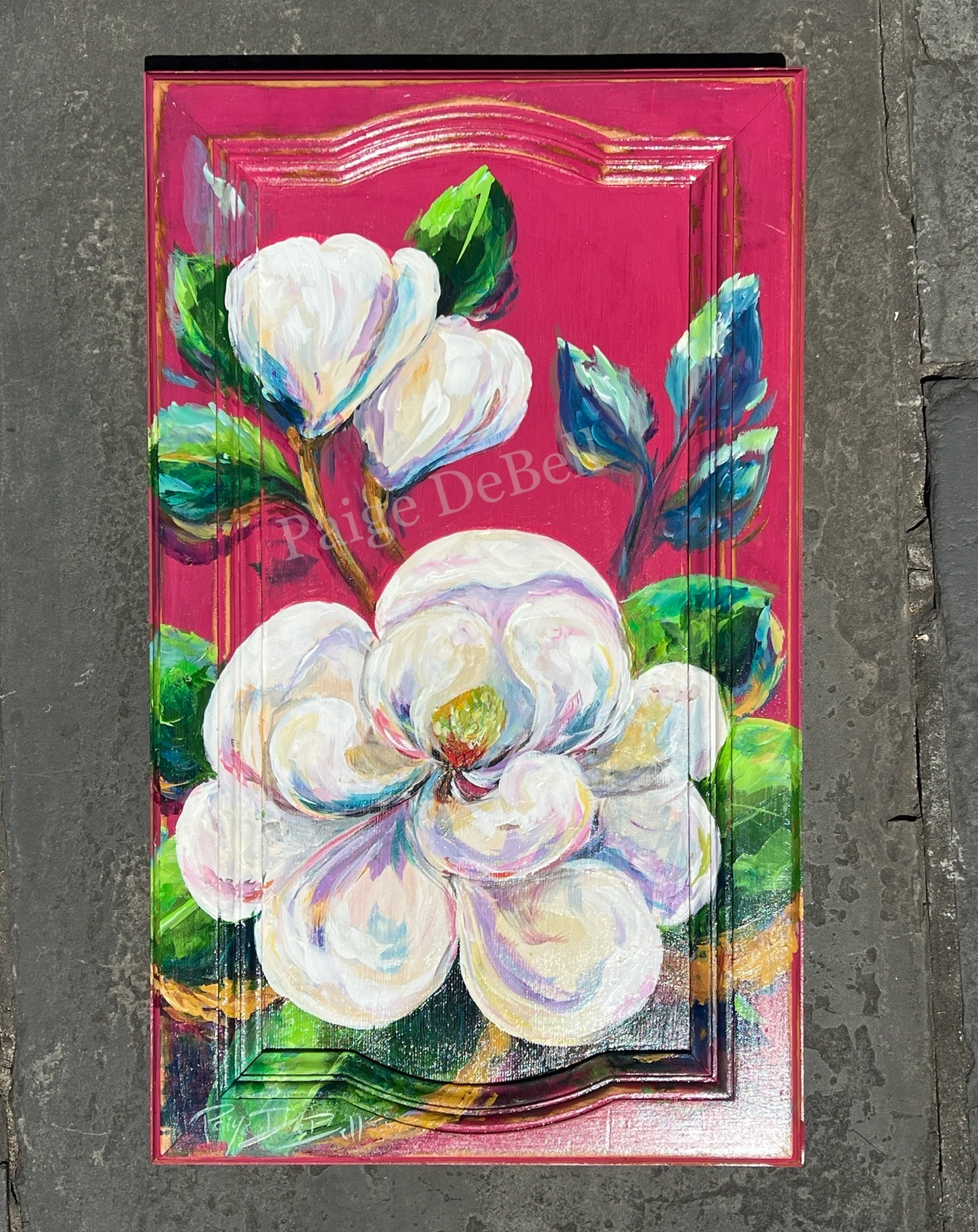 SOUTHERN MAGNOLIA** Original Painting by New Orleans artist, Paige DeBell**Reclaimed Cabinet Door 28 x 16