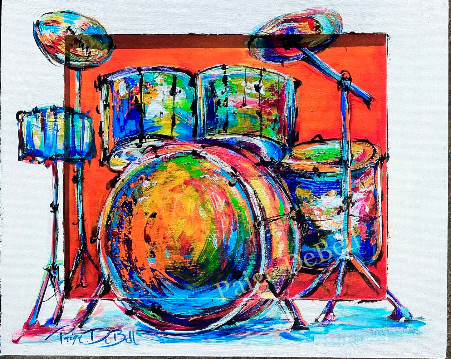 Hot JAZZ DRUM KIT **Gallery Wrapped Giclee 16” x 20” Colorful musical artwork by New Orleans artist, Paige DeBell