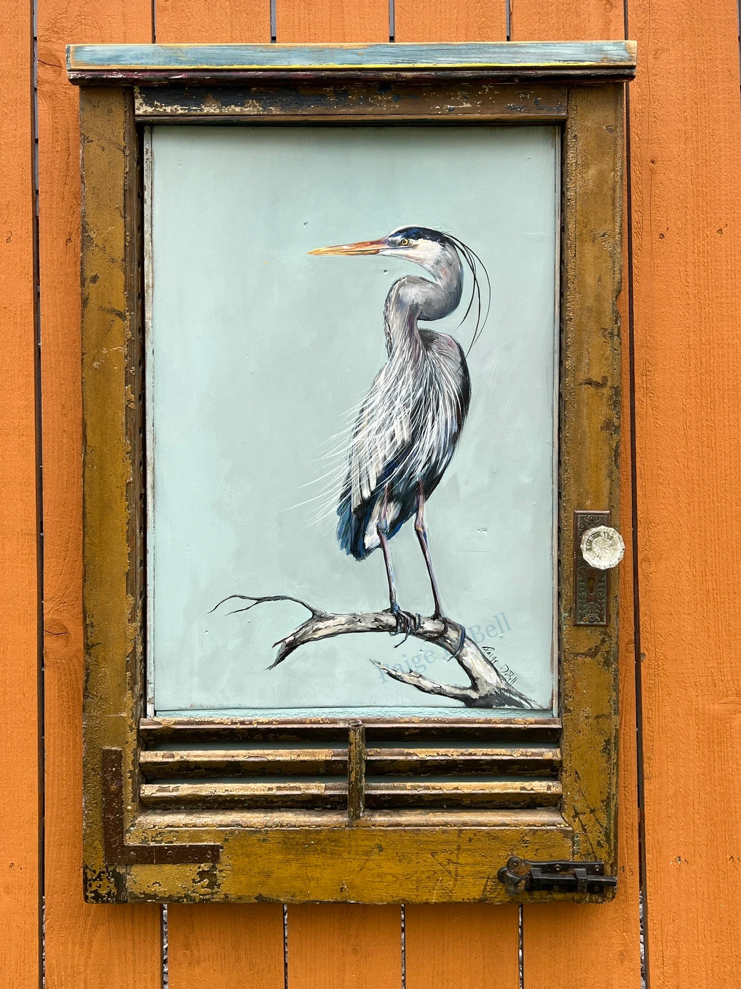 Original BLUE HERON PAINTING on a Reclaimed Antique Shutter from a hurricane damaged home in New Orleans. artist: Paige DeBell