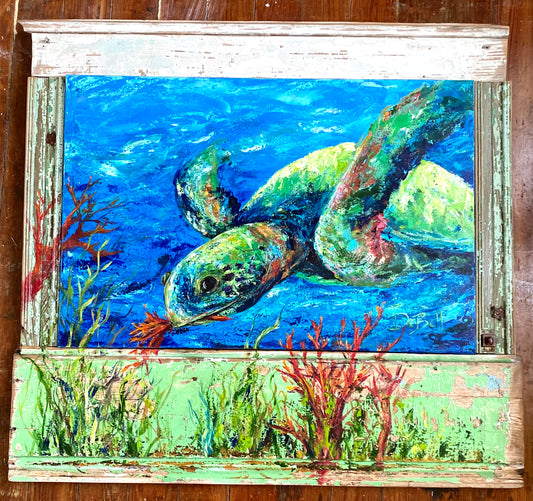 SEA TURTLE Eating CORAL * Original Painting on Architectural Salvage