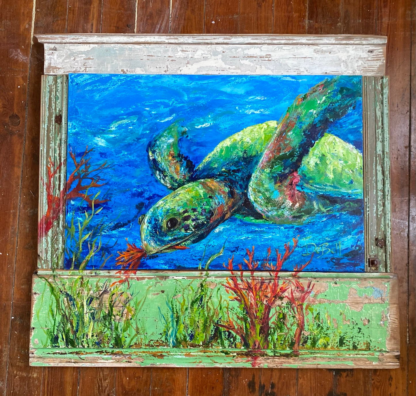 SEA TURTLE Eating CORAL * Original Painting on Architectural Salvage