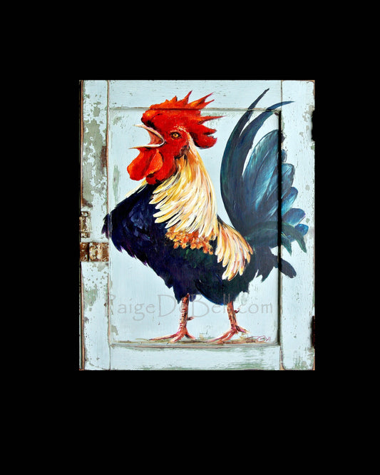 CROWING ROOSTER ** 11" x14" Print of my original Rooster painting by New Orleans artist, Paige DeBell on Architectural Salvage