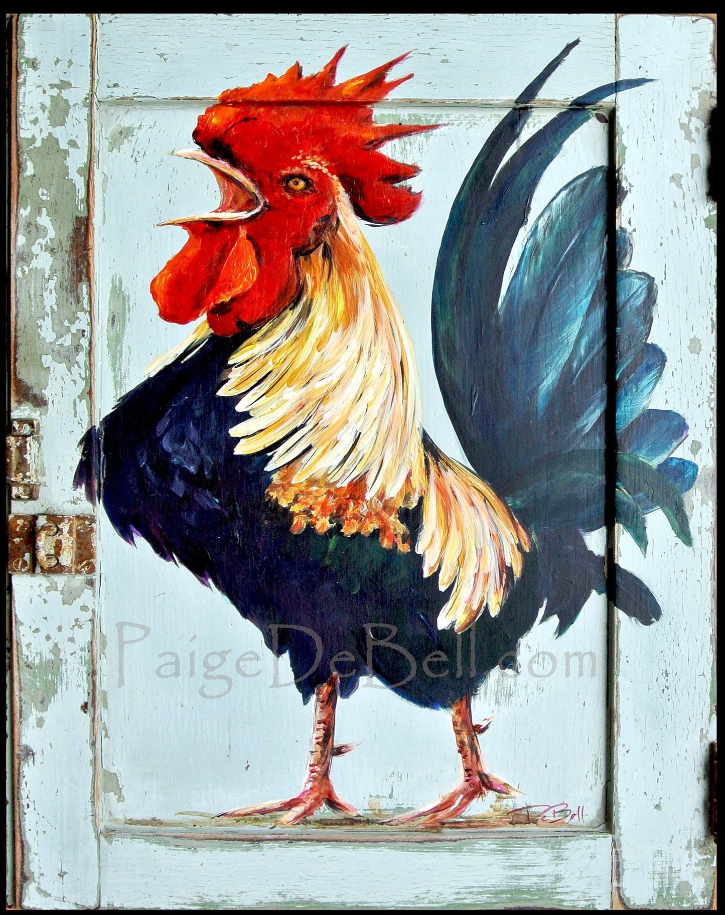 CROWING ROOSTER ** 11" x14" Print of my original Rooster painting by New Orleans artist, Paige DeBell on Architectural Salvage