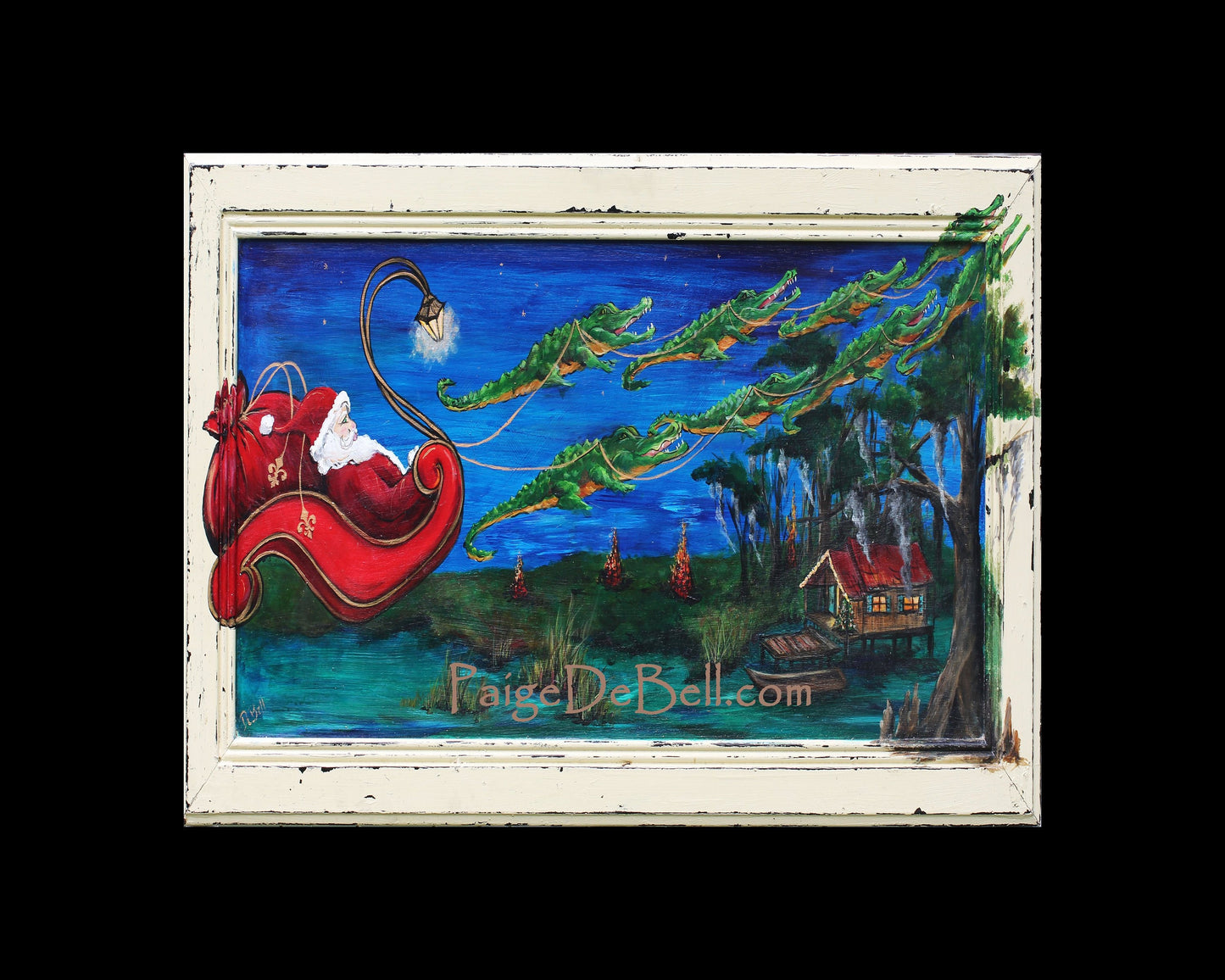 CAJUN Christmas ** PAPA NOEL Over the Bonfires** 11" x14" print by New Orleans artist Paige DeBell * Santa with Alligators