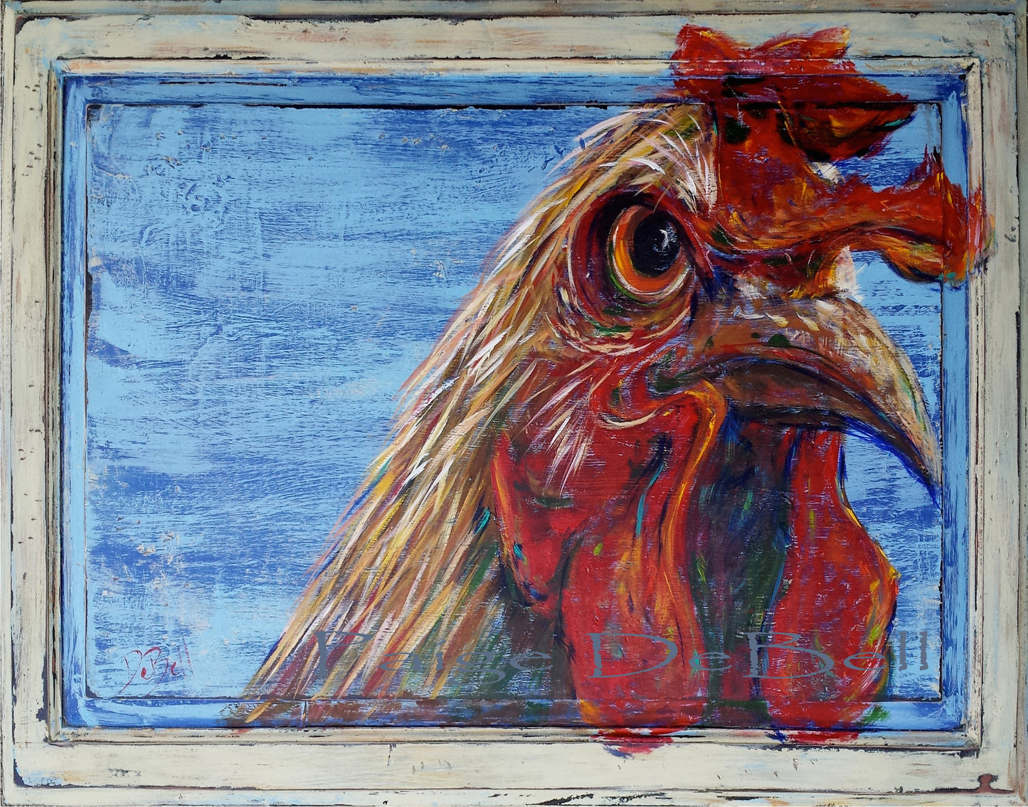 ANGRY ROOSTER** 11" x14" Print of Original Rooster painting by NOLA artist Paige DeBell. Art on architectural salvage and Katrina wood.