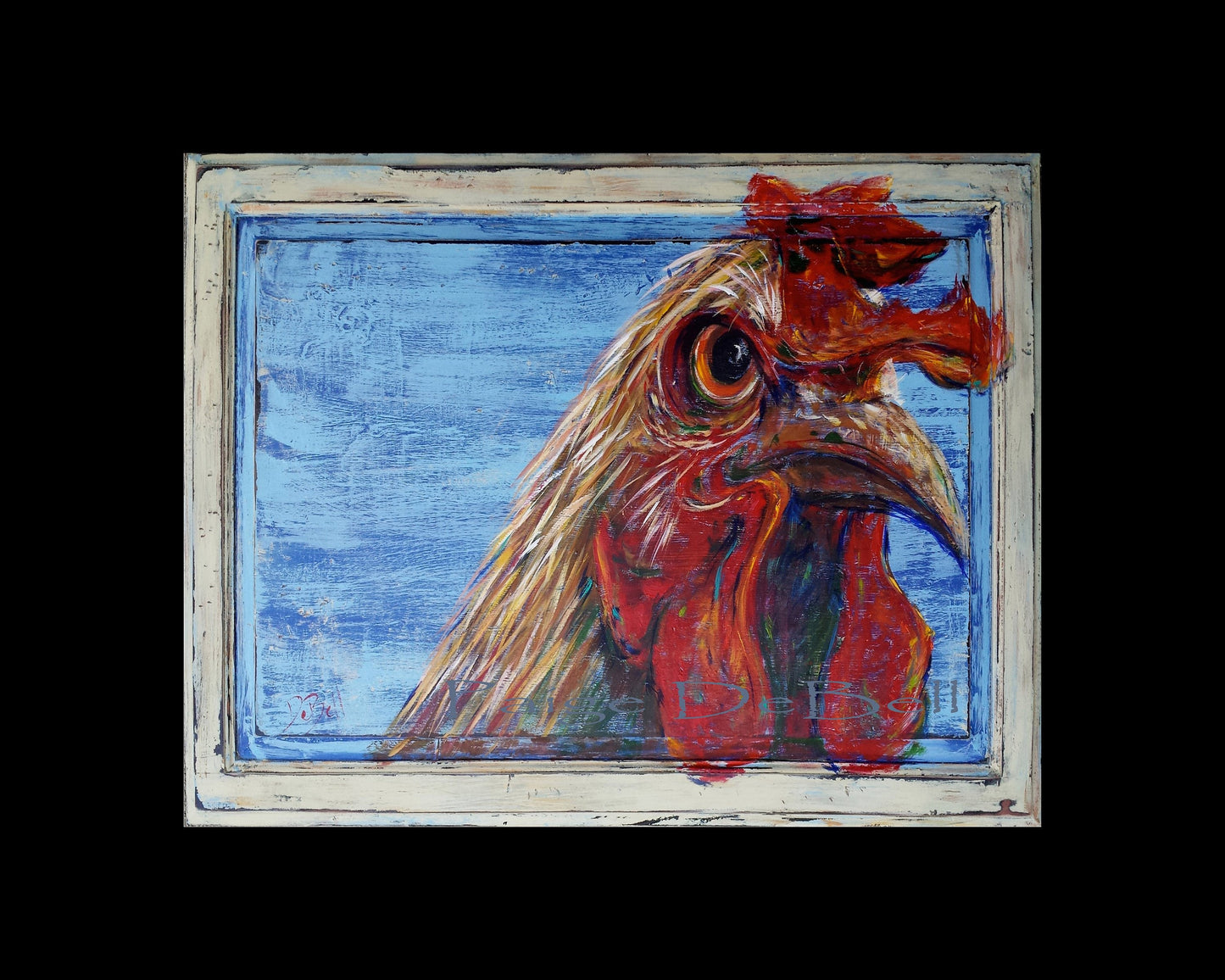 ANGRY ROOSTER** 11" x14" Print of Original Rooster painting by NOLA artist Paige DeBell. Art on architectural salvage and Katrina wood.