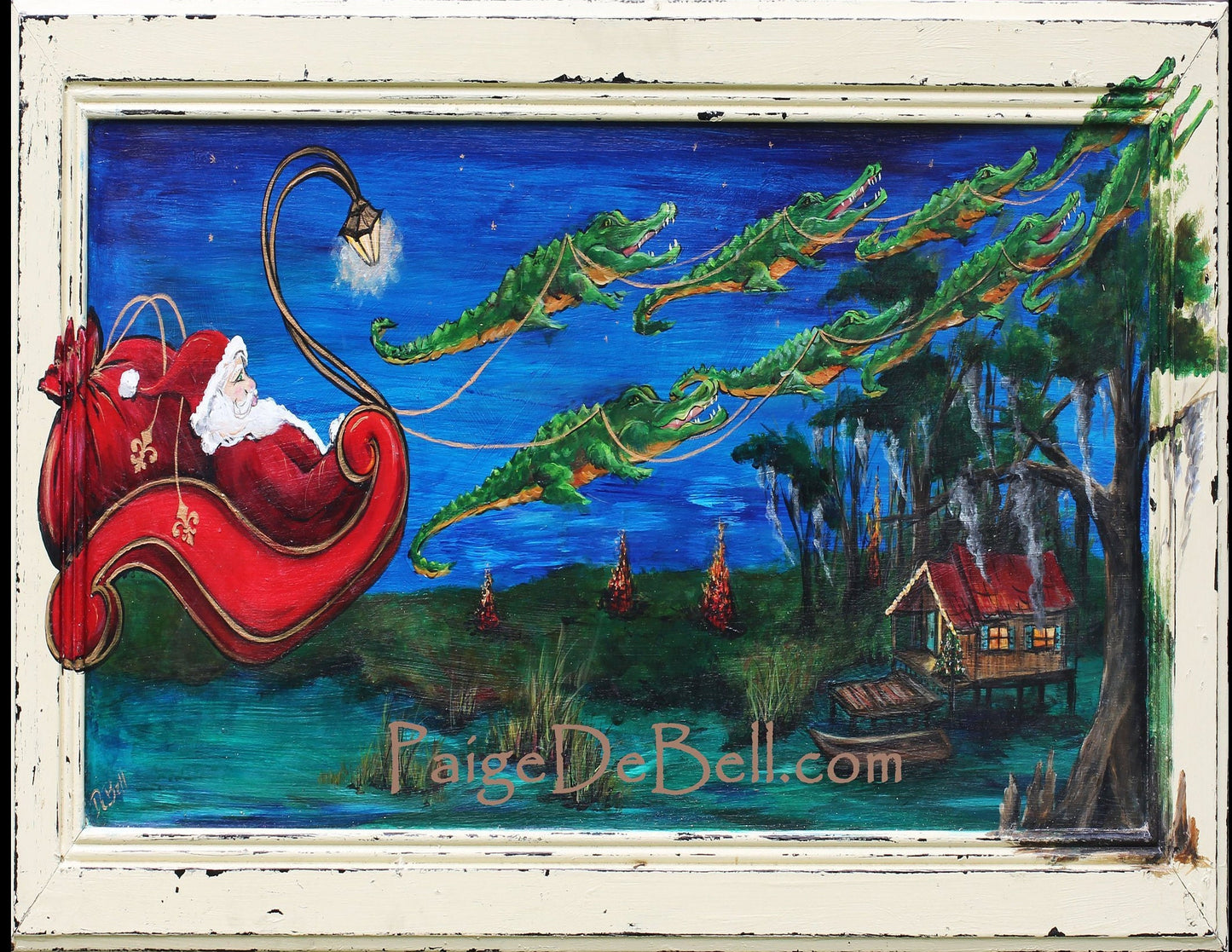 CAJUN Christmas ** PAPA NOEL Over the Bonfires** 11" x14" print by New Orleans artist Paige DeBell * Santa with Alligators