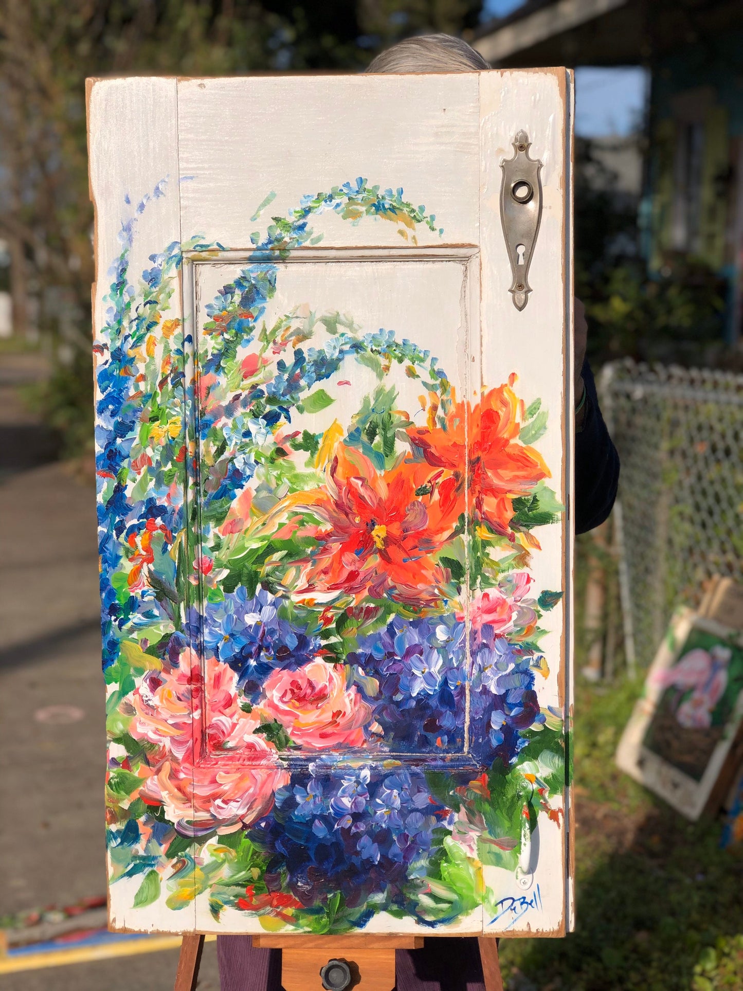 SUMMER GARDEN FLOWERS Original Painting on a Katrina Damaged Door by New Orleans artist, Paige DeBell 35x20