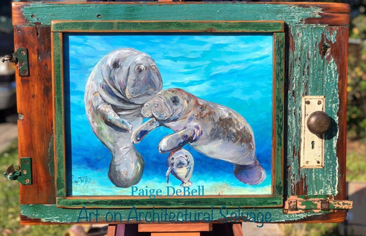 MANATEE FAMILY Original Painting on a Kartina Damaged Door by New Orleans artist, Paige DeBell** Fine Art Original Painting 21 x 31