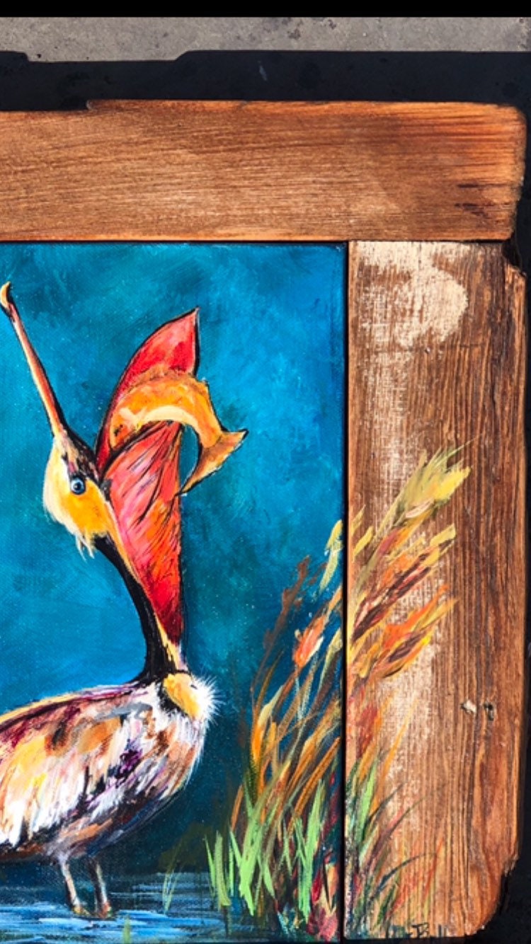 HUNGRY PELICAN Original Painting set in a Katrina Damaged Shutter by New Orleans artist, Paige DeBell  16 x 14 **Fine Art by Paige DeBell