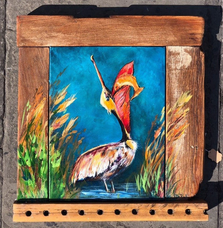 HUNGRY PELICAN Original Painting set in a Katrina Damaged Shutter by New Orleans artist, Paige DeBell  16 x 14 **Fine Art by Paige DeBell