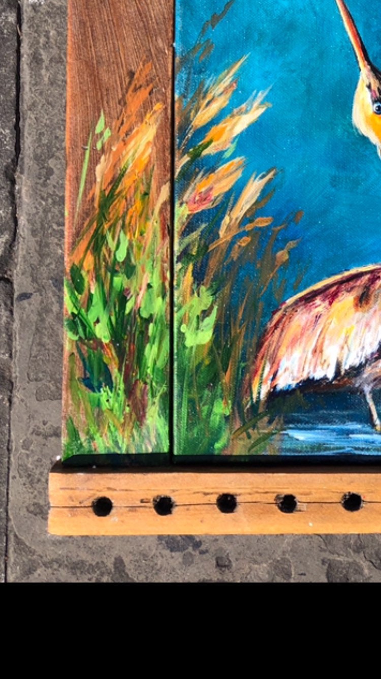 HUNGRY PELICAN Original Painting set in a Katrina Damaged Shutter by New Orleans artist, Paige DeBell  16 x 14 **Fine Art by Paige DeBell