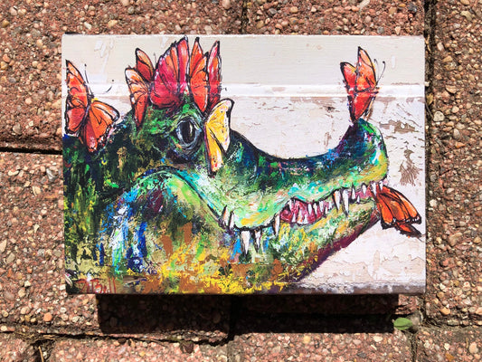 ALLIGATOR and BUTTERFLIES * 5x7 Stretched Canvas Giclee of my original painting by New Orleans artist, Paige DeBell on Architectural Salvage