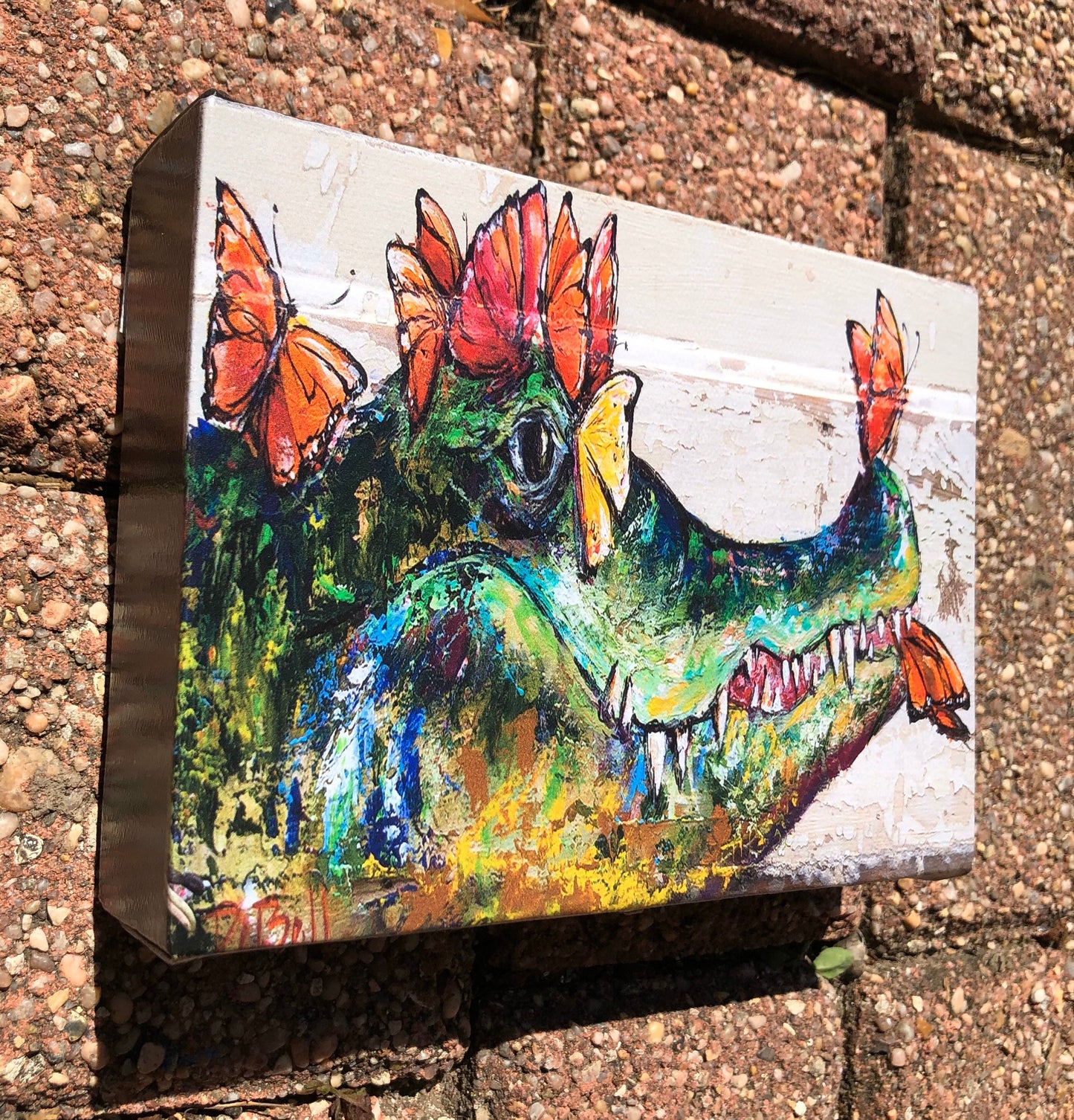 ALLIGATOR and BUTTERFLIES * 5x7 Stretched Canvas Giclee of my original painting by New Orleans artist, Paige DeBell on Architectural Salvage