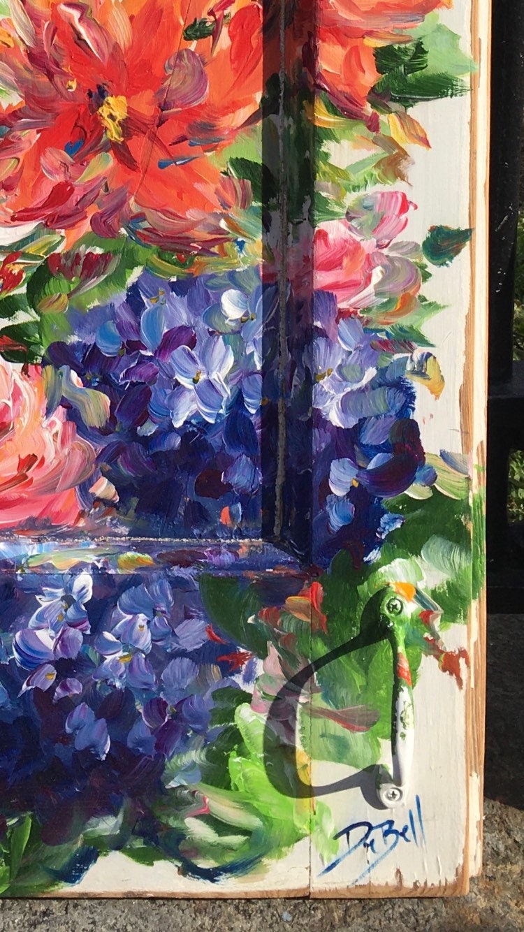 SUMMER GARDEN FLOWERS Original Painting on a Katrina Damaged Door by New Orleans artist, Paige DeBell 35x20