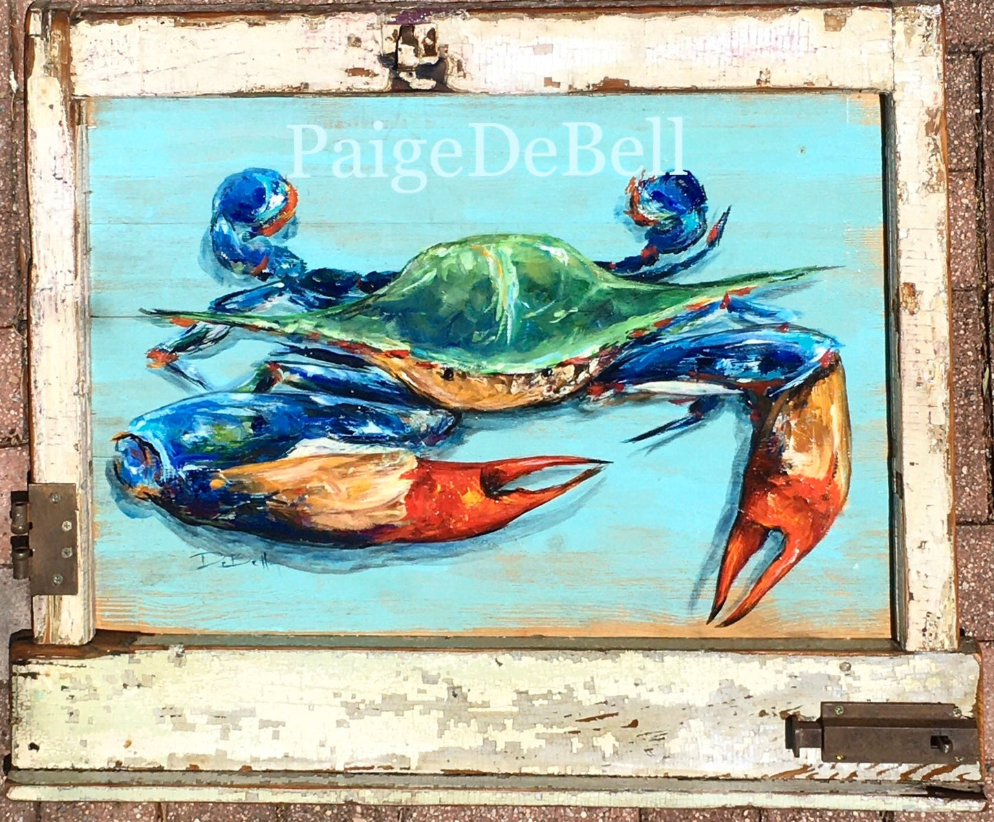 Big Claw BLUE CRAB Original Painting on Architectural Salvage from New Orleans**Fine Art by Paige DeBell