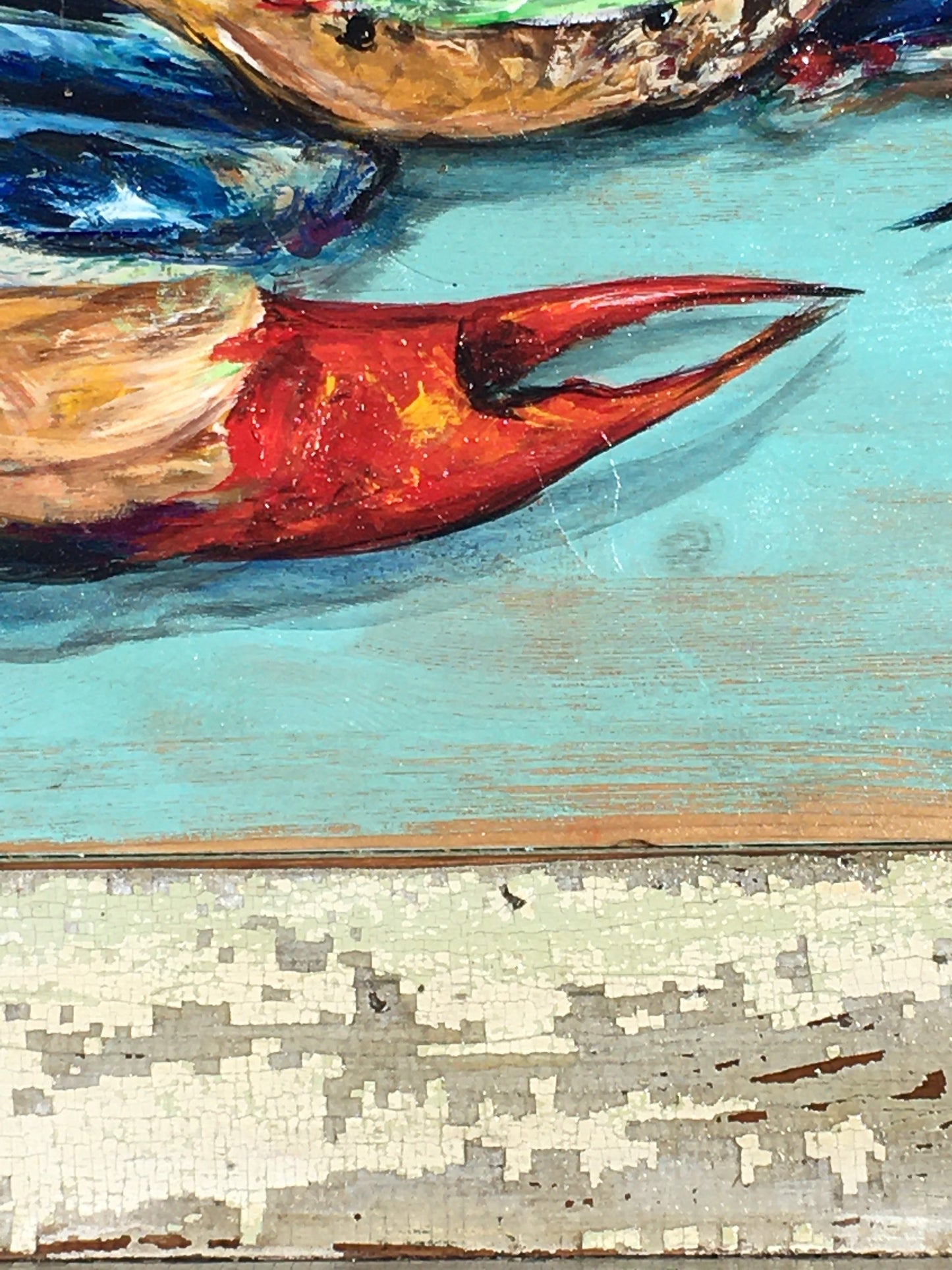 Big Claw BLUE CRAB Original Painting on Architectural Salvage from New Orleans**Fine Art by Paige DeBell